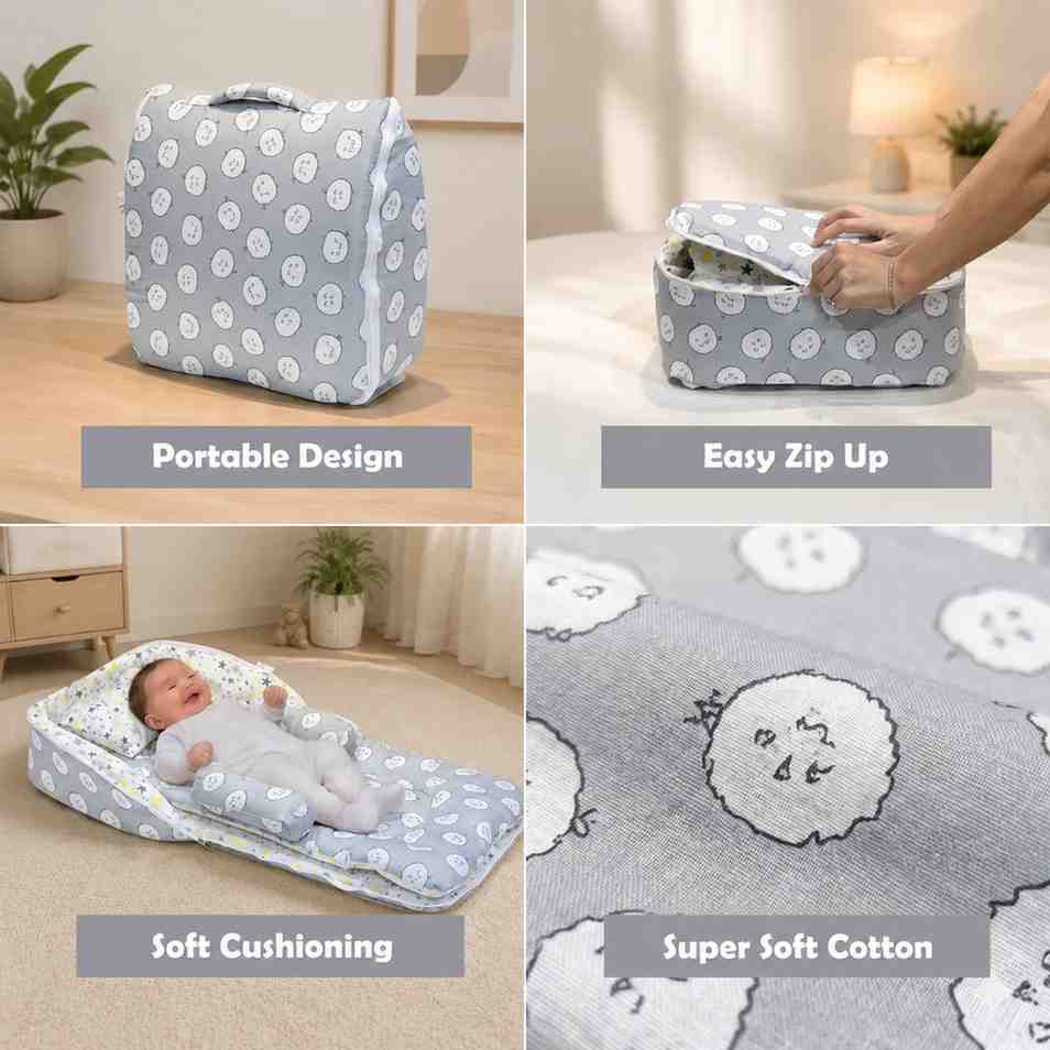 Fareto Baby bedding Essentials 1 Nest | 1 Mattress with net | 1 Carry bed | 1 Bolster set | 1 Carry bag | 1 Portable bed | 1 Feeding pillow | 1 Blanket (0-6M)(F514)