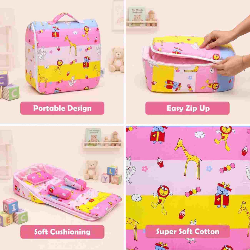 FARETO BABY BEDDING ESSENTIALS 1 NEST | 1 MATTRESS WITH NET | 1 CARRY BED | 1 BOLSTER SET | 1 CARRY BAG | 1 PORTABLE BED | 1 FEEDING PILLOW | 1 BLANKET (0-6M)(Pink Giraffe)(F628)