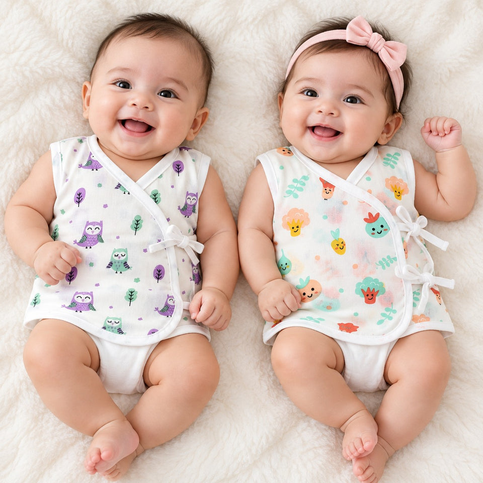Fareto Newborn Baby Jabla | 100% Muslin Cotton | Sleeveless Front-Open Shirt | Pack of 2 | 0–3 Months(F829)