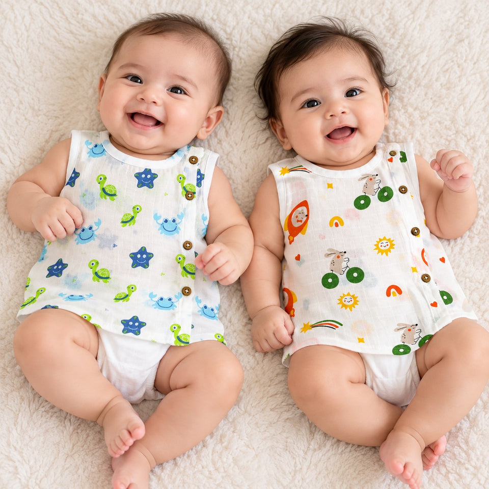 Fareto Newborn Baby Jabla | 100% Muslin Cotton | Sleeveless Front-Open Shirt | Pack of 2 | 0–3 Months(F828)
