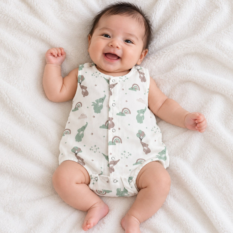 Fareto Newborn Baby Romper | 100% Muslin Cotton | Sleeveless Front Snap Button Bodysuit | Pack Of 1 | 0–3 Months(F827)