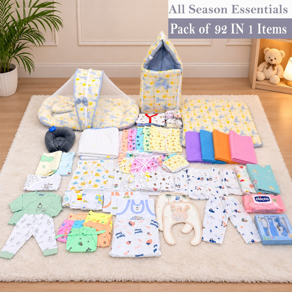 Fareto Premium Newborn Baby Essentials Combo – 92-in-1 All-Season Hospital & Maternity Gift Set, Bedding & Care Kit for 0–6 Months(F820)