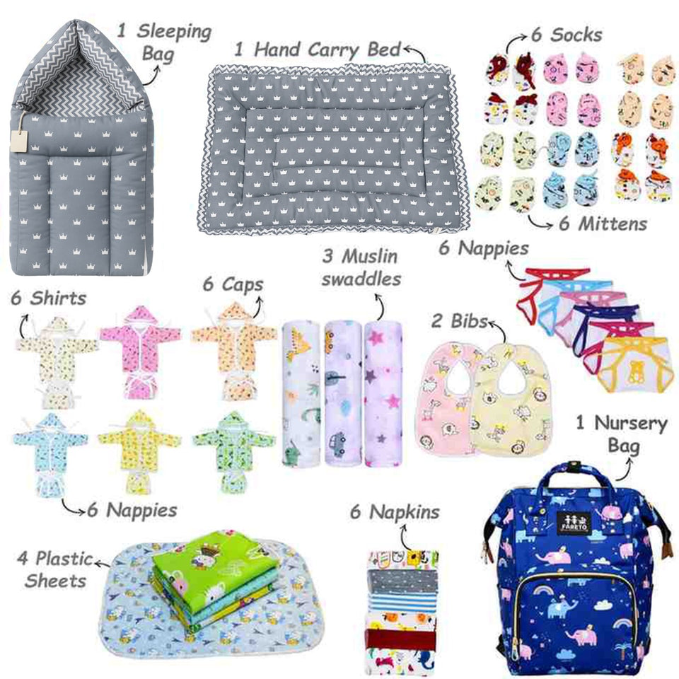 Fareto New Born Baby Premium Summer Essentials 54 In 1 Hospital  Combo (0-6 Months)(F60)