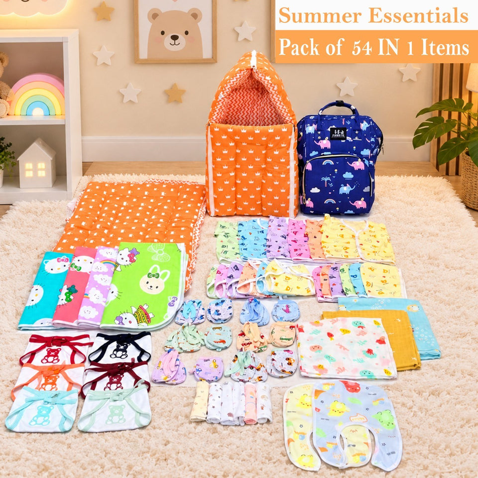 Fareto New Born Baby Premium Summer Essentials 54 In 1 Hospital  Combo (0-6 Months)(F60)