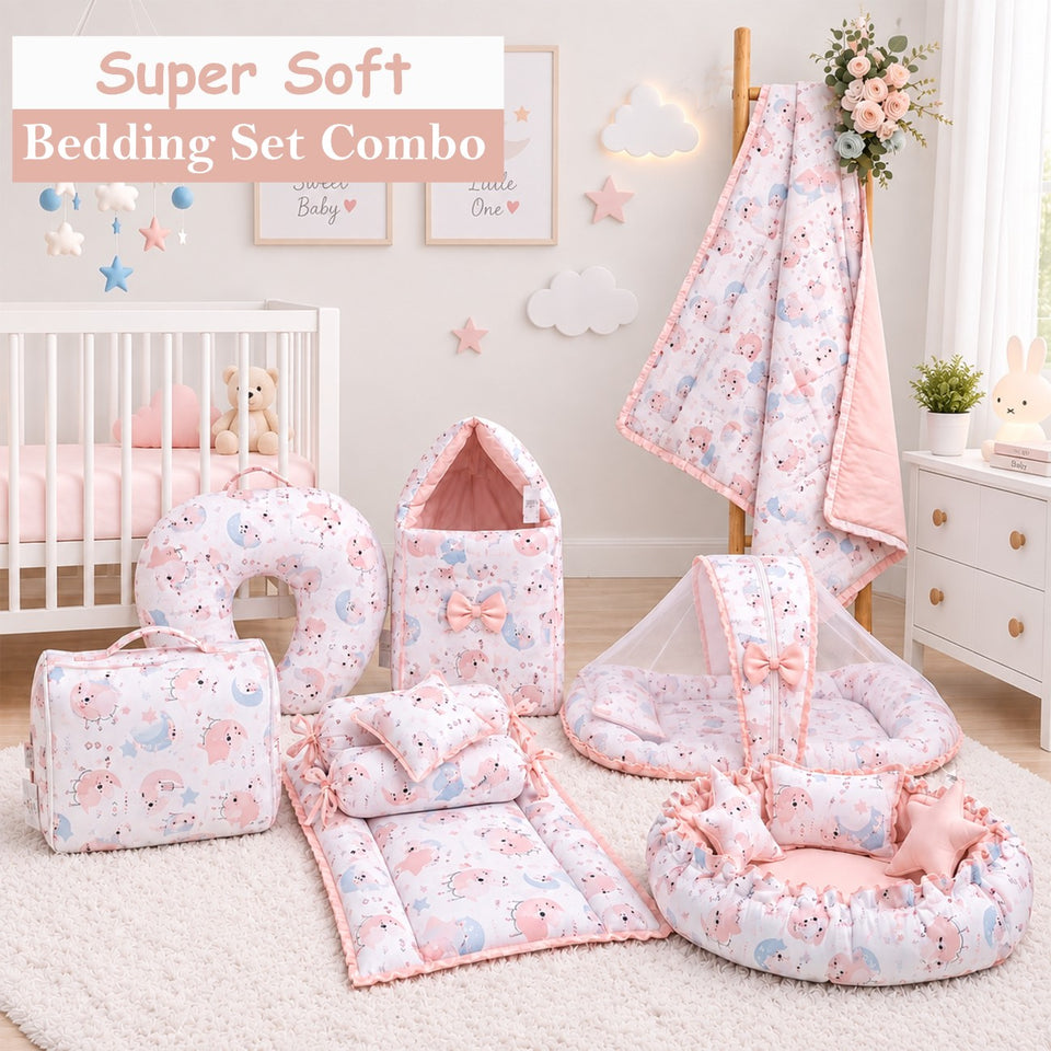 FARETO BABY BEDDING ESSENTIALS 1 NEST | 1 MATTRESS WITH NET | 1 CARRY BED | 1 BOLSTER SET | 1 CARRY BAG | 1 PORTABLE BED | 1 FEEDING PILLOW | 1 BLANKET (0-6M)(F807)