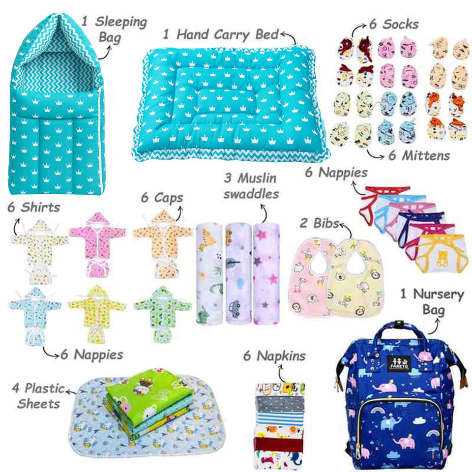 Fareto New Born Baby Premium Summer Essentials 54 In 1 Hospital  Combo (0-6 Months)(F60)