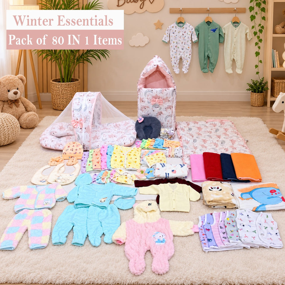 Fareto Premium Newborn Baby Hospital Winter Essentials Combo | 80 in 1 Baby Gift Pack | Maternity Essentials & Bedding Set | 0–6 Months(F809)
