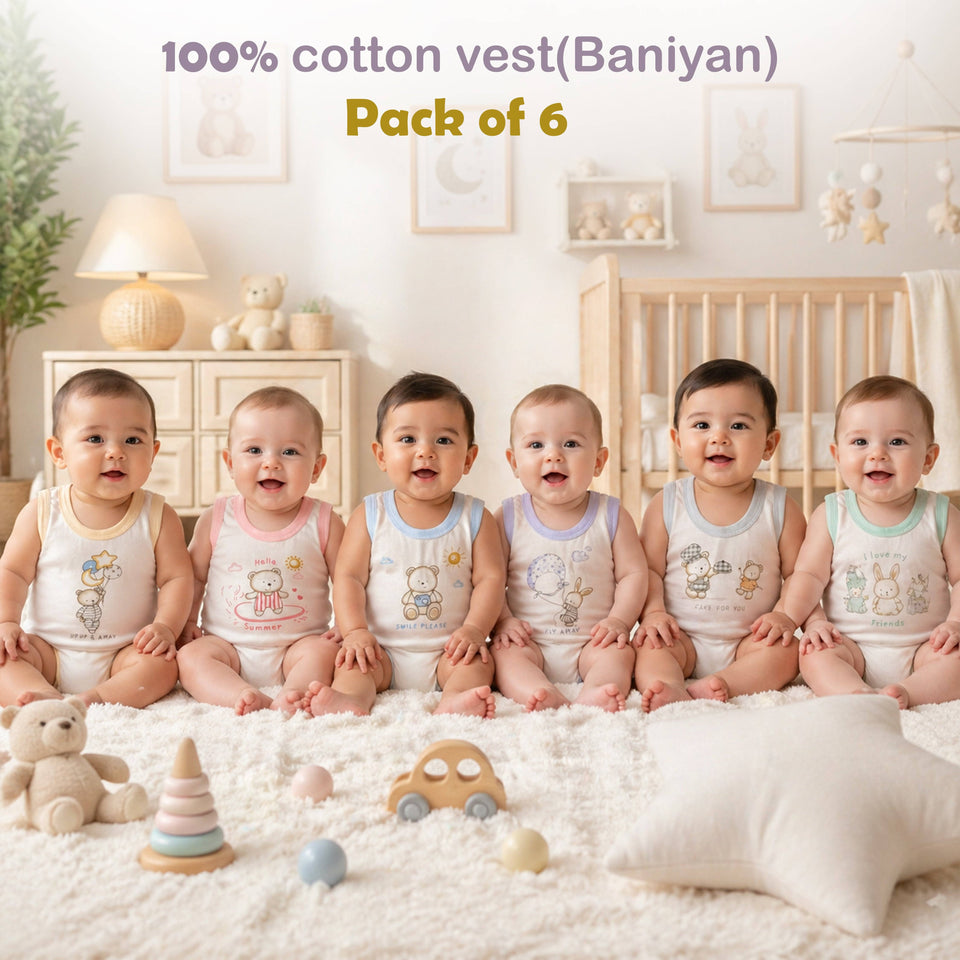 Fareto Newborn Baby Cotton Baniyan Pack of 6 | Soft, Lightweight & Comfortable Vest for Daily Use(F747)