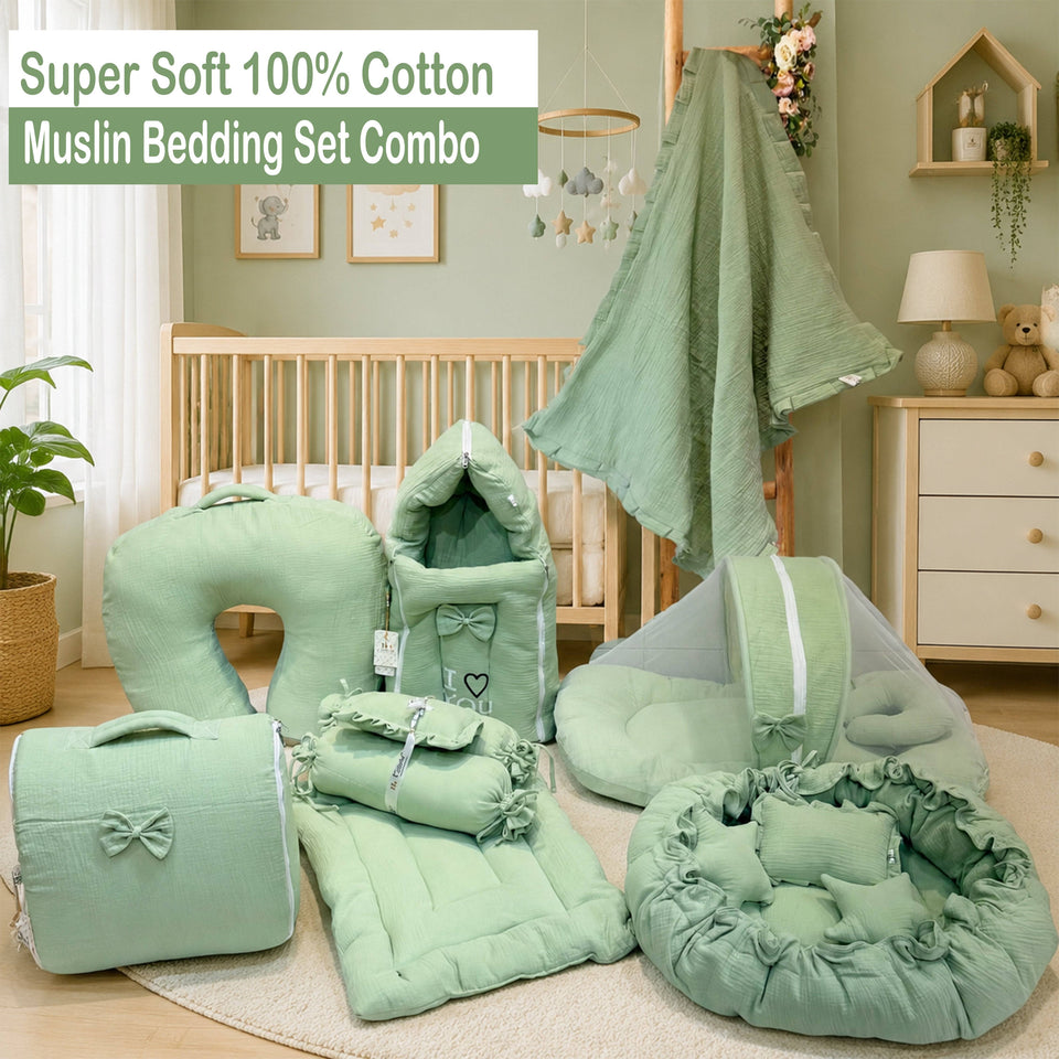 Fareto Newborn Baby 100% Muslin Cotton Bedding Set Combo | Sleeping Bag | Mattress with Net | Nest | Blanket | Hand Carry Bed & Bolster Set |Portable bed | Feeding pillow (0-6 Months)(F750)