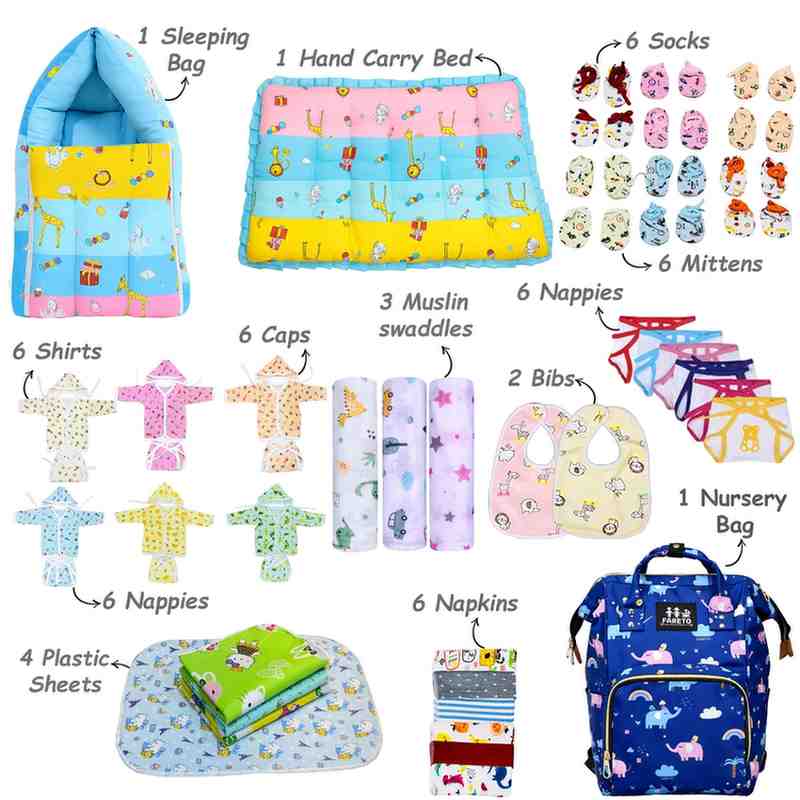 FARETO NEW BORN BABY PREMIUM SUMMER ESSENTIALS 54 IN 1 HOSPITAL COMBO (0-6 MONTHS)(F350)