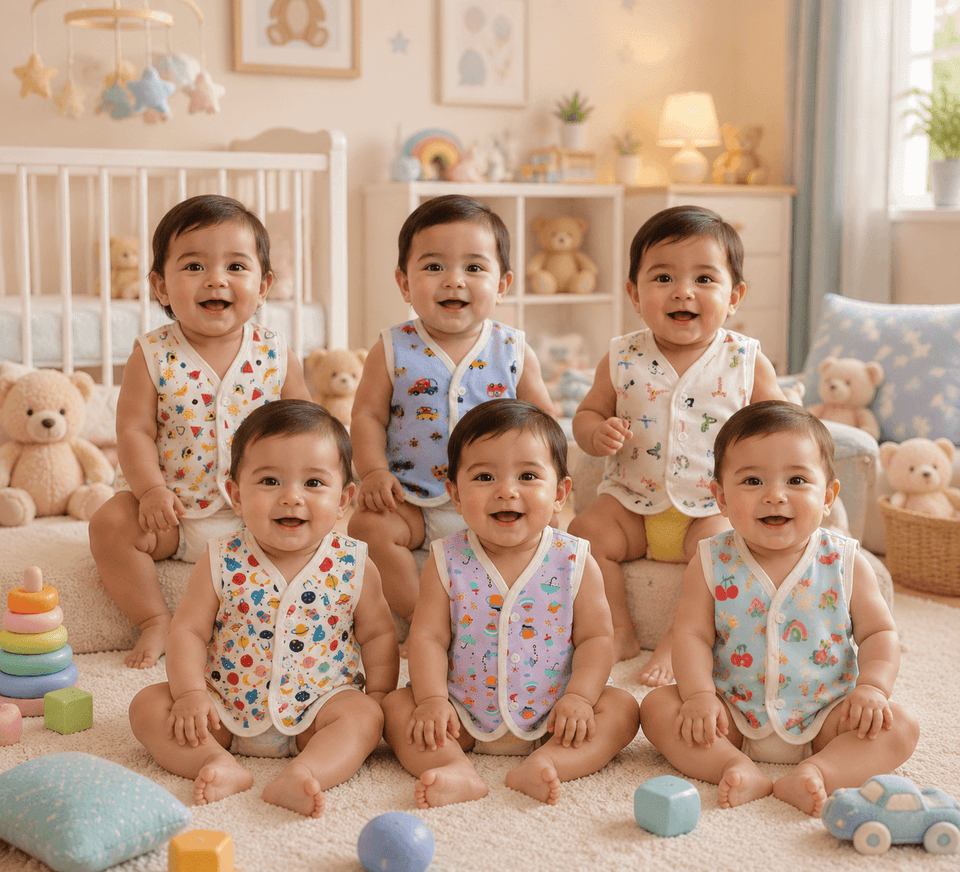 Fareto Baby Cotton Vest Set (Pack of 6) | Printed Front-Open Sleeveless Cotton Vests for Newborn Baby Boys & Girls | 0–3 Months(F757)