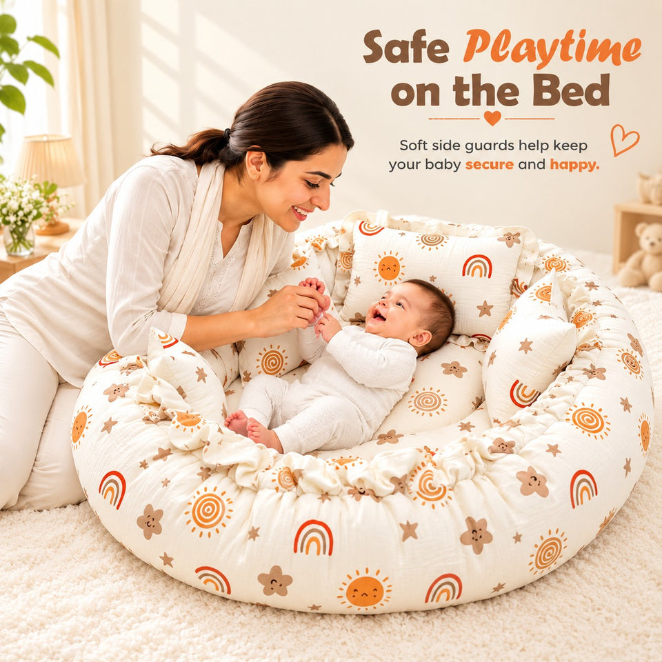 Fareto Newborn Baby 100% Muslin Cotton Bedding Set Combo | Sleeping Bag | Mattress with Net | Nest | Blanket | Hand Carry Bed & Bolster Set | (0-6 Months)(F812)