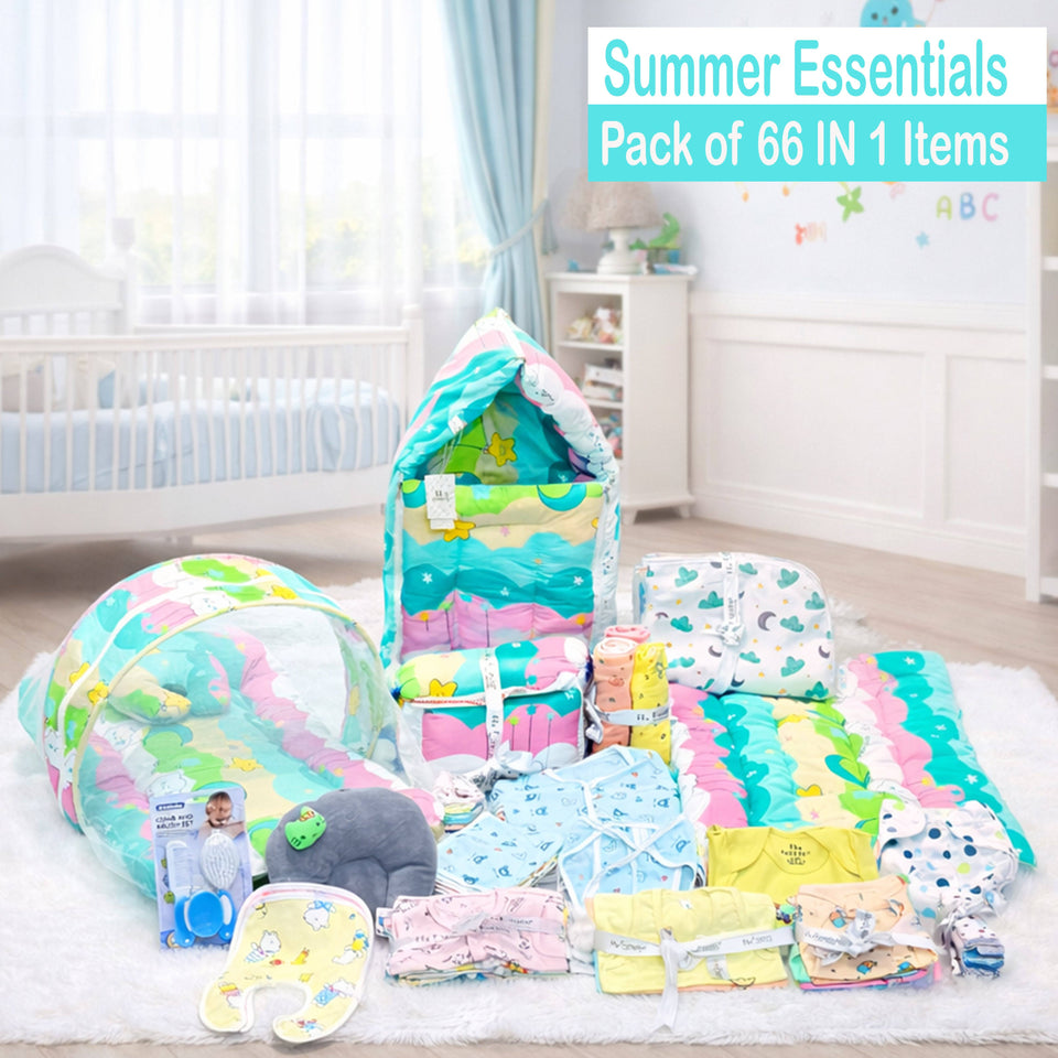 Fareto Baby Boy's & Girl's Summer Hospital Essential Combo for New Born | Gift Pack | Baby Products | Maternity Essentials | Bedding Set (66 Items)(0-6 Months)(F733)