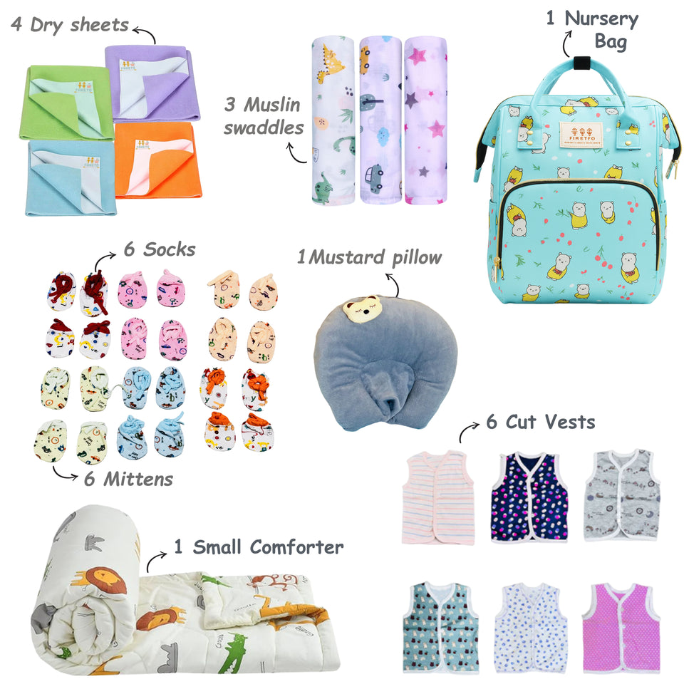 FARETO NEW BORN BABY PREMIUM QUALITY MONSOON AND SEMI WINTER SEASON  HOSPITAL ESSENTIALS 73 IN 1 (0-6 MONTHS) _ NURSERY BAG(F398)