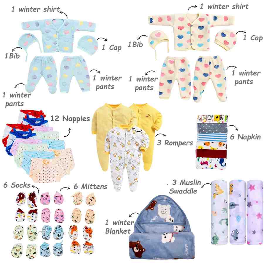 Fareto New Born Baby Premium Monsoon Season Hospital Essentials Kit 114 in 1 for Boys & Girls (0-6 Months) | Complete Newborn Care & Maternity Bag Set(F387)