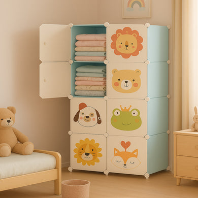 Fareto Kids Modular Wardrobe with Cute Animal Prints – DIY Plastic Storage Cabinet for Baby Clothes, Toys & Essentials | Lightweight, Durable & Easy to Assemble (L142 × W72 cm)(Pack of 1)