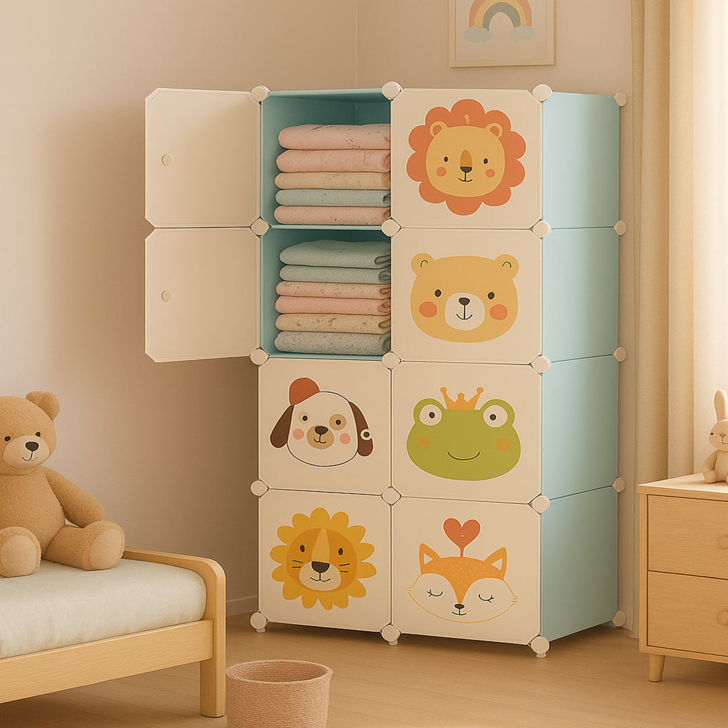 Fareto Kids Modular Wardrobe with Cute Animal Prints – DIY Plastic Storage Cabinet for Baby Clothes, Toys & Essentials | Lightweight, Durable & Easy to Assemble (L142 × W72 cm)(Pack of 1)