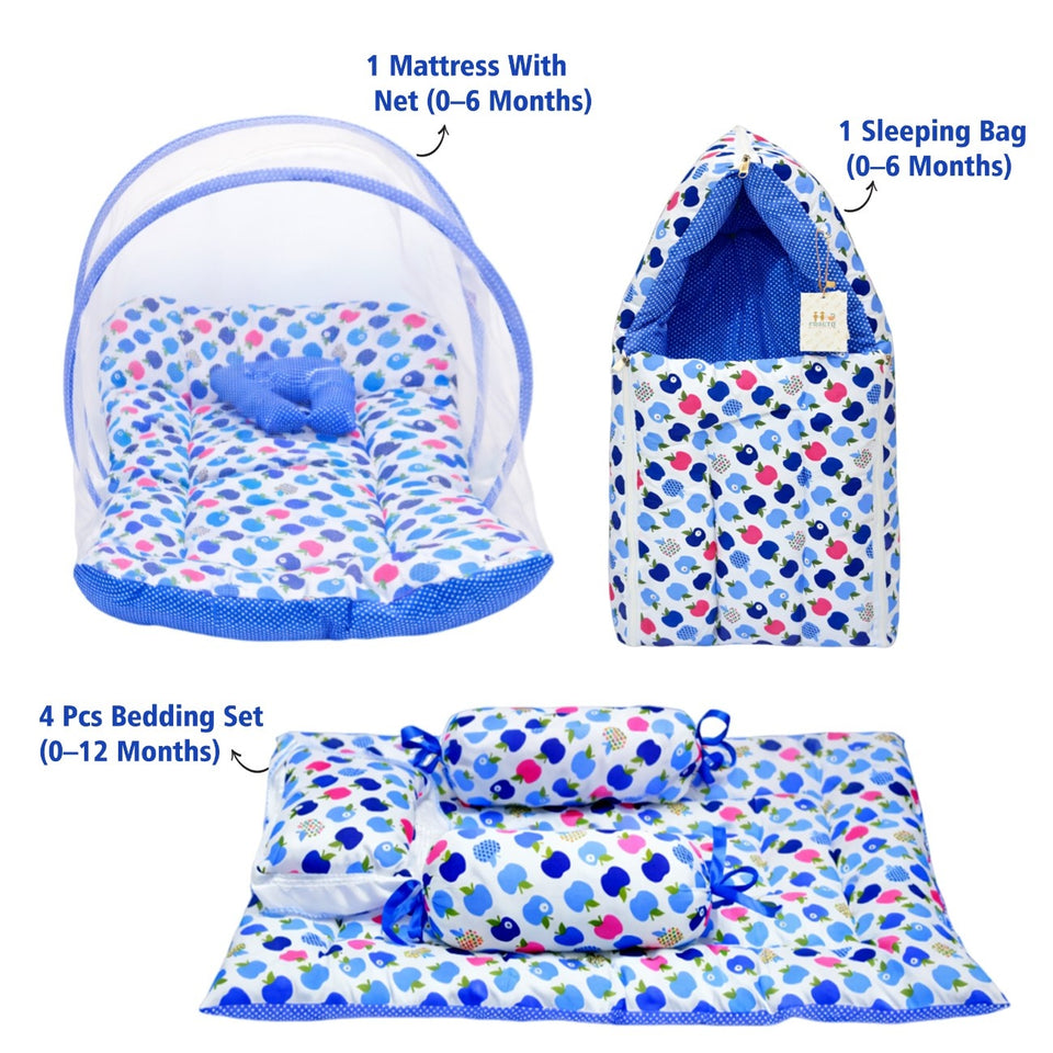 Fareto Combo of Baby Mattress with Net | Sleeping Bag | 4 Pcs Bedding Set(0-6 Months)(F160)