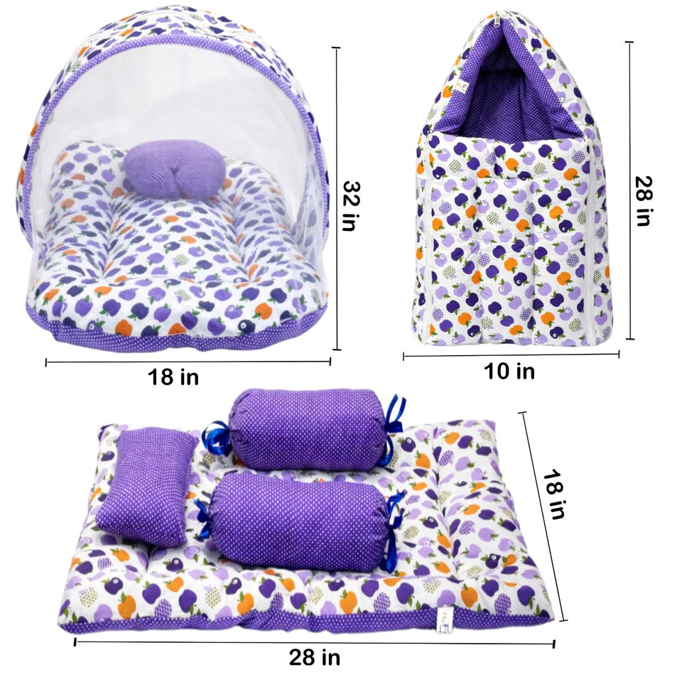 Fareto Combo of Baby Mattress with Net | Sleeping Bag | 4 Pcs Bedding Set(0-6 Months)(F160)