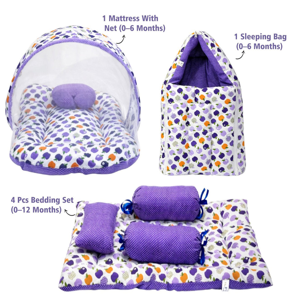 Fareto Combo of Baby Mattress with Net | Sleeping Bag | 4 Pcs Bedding Set(0-6 Months)(F160)