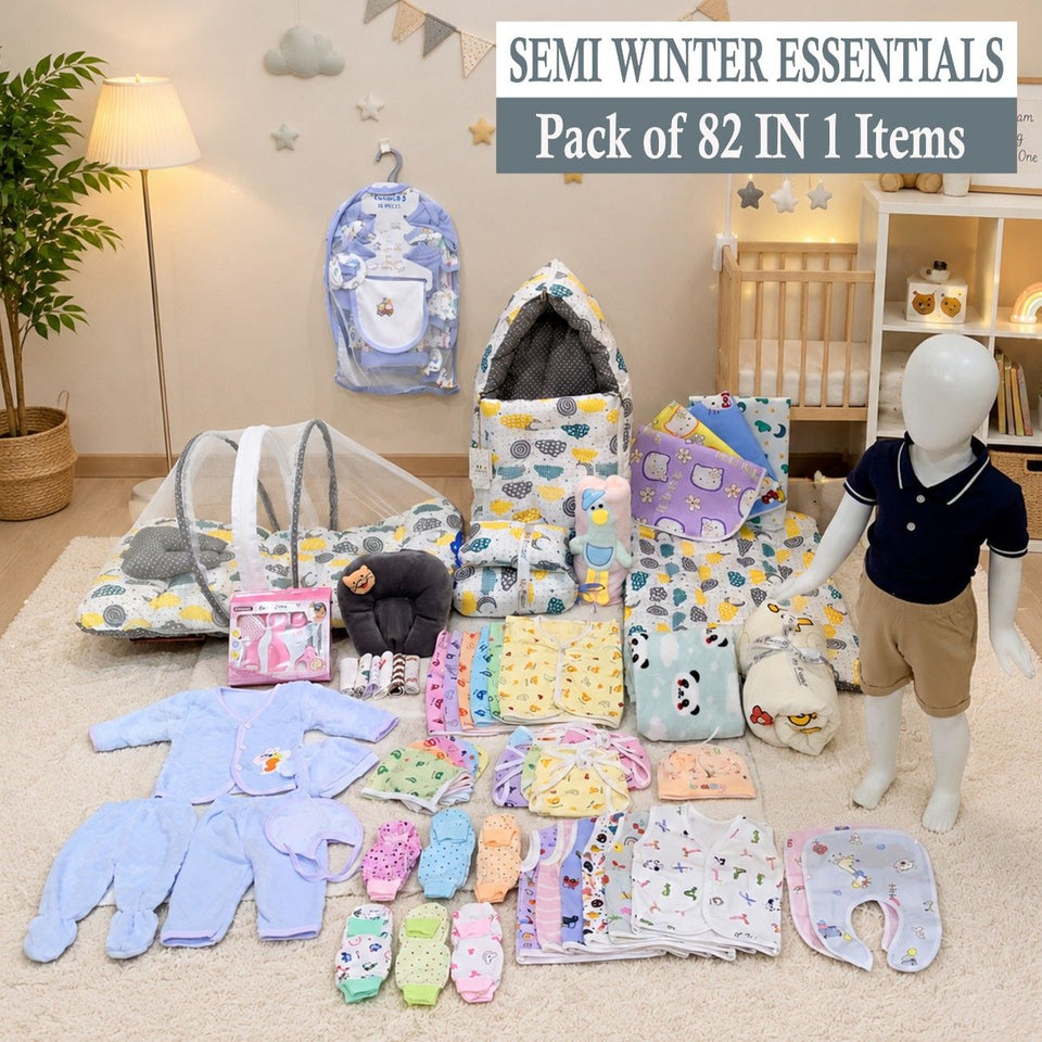 Fareto Baby Semi Winter Essential Combo For New Born | Gift Pack | Baby Products | Maternity Essentials | Bedding Set (82 Items)(0-6 Months)(F785)