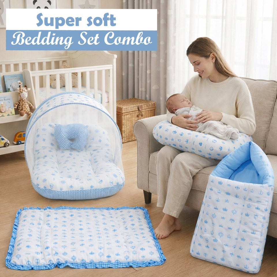 Fareto Baby Bedding Essentials Combo Set – Sleeping Bag, Mattress with  Net, Feeding Pillow & Hand Carry Bed | Soft Cotton | Taj | 0–6 Months(F755)