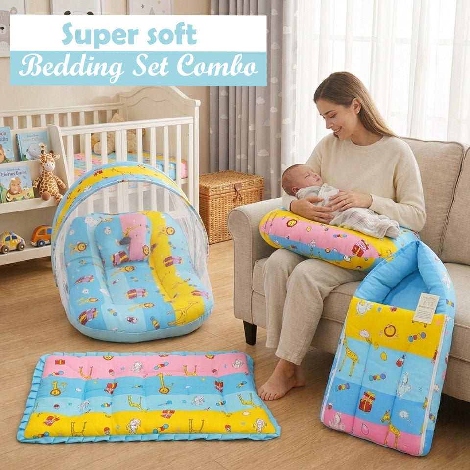 Fareto Baby Bedding Essentials Combo Set – Sleeping Bag, Mattress with  Net, Feeding Pillow & Hand Carry Bed | Soft Cotton | Ziffi | 0–6 Months(F756)