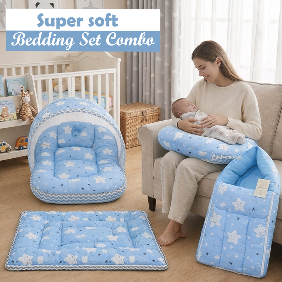 Fareto Baby Bedding Essentials Combo Set – Sleeping Bag, Mattress with  Net, Feeding Pillow & Hand Carry Bed | Soft Cotton | Cloud Blue  | 0–6 Months(F700)