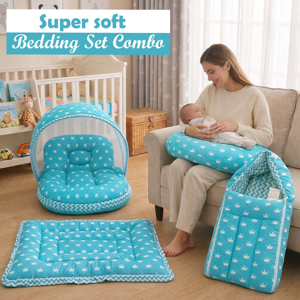 Fareto Baby Bedding Essentials Combo Set – Sleeping Bag, Mattress with  Net, Feeding Pillow & Hand Carry Bed | Soft Cotton |Crown | 0–6 Months(F697)