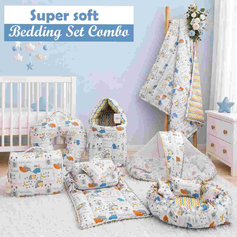 FARETO BABY BEDDING ESSENTIALS 1 NEST | 1 MATTRESS WITH NET | 1 CARRY BED | 1 BOLSTER SET | 1 CARRY BAG | 1 PORTABLE BED | 1 FEEDING PILLOW | 1 BLANKET (0-6M)(GOOD NIGHT BLUE)(F385)