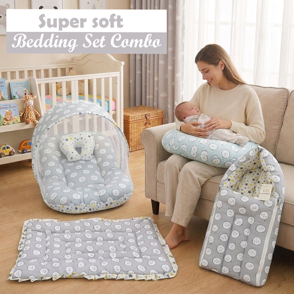 Fareto Baby Bedding Essentials Combo Set – Sleeping Bag, Mattress with  Net, Feeding Pillow & Hand Carry Bed | Soft Cotton | Grey Ship | 0–6 Months(F699)