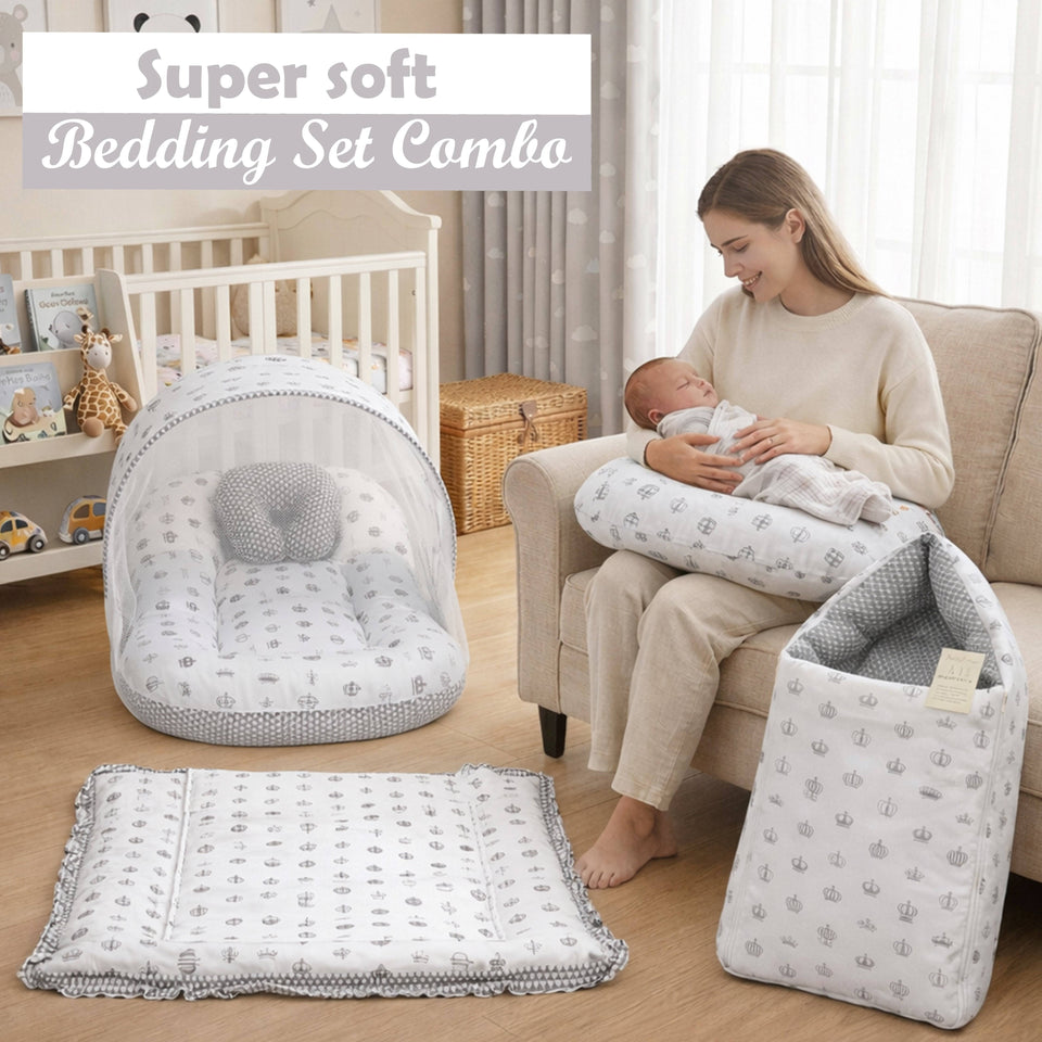 Fareto Baby Bedding Essentials Combo Set – Sleeping Bag, Mattress with  Net, Feeding Pillow & Hand Carry Bed | Soft Cotton | Taj | 0–6 Months(F755)