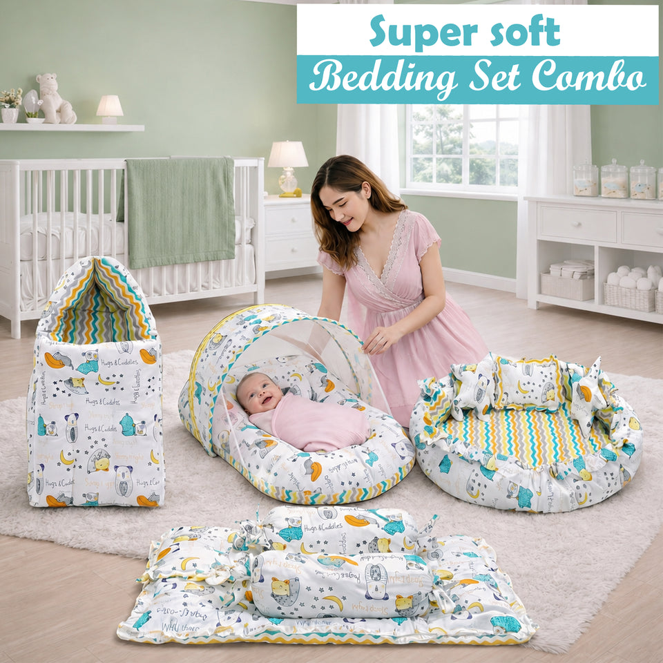 FARETO COMPLETE BEDDING SET ESSENTIALS COMBO FOR BABY (0-6 MONTHS) (GOOD NIGHT GREEN)(F382)