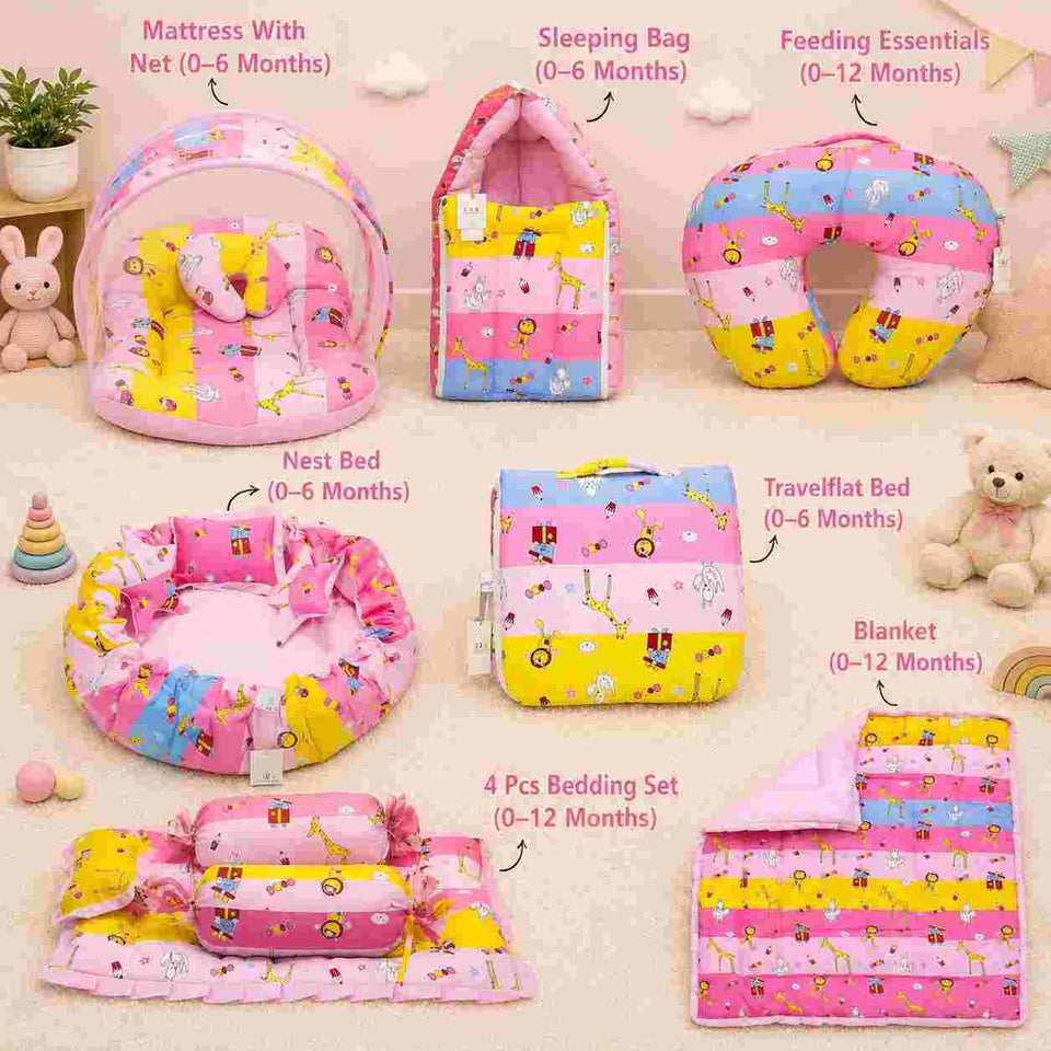 FARETO BABY BEDDING ESSENTIALS 1 NEST | 1 MATTRESS WITH NET | 1 CARRY BED | 1 BOLSTER SET | 1 CARRY BAG | 1 PORTABLE BED | 1 FEEDING PILLOW | 1 BLANKET (0-6M)(Pink Giraffe)(F628)