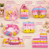 FARETO BABY BEDDING ESSENTIALS 1 NEST | 1 MATTRESS WITH NET | 1 CARRY BED | 1 BOLSTER SET | 1 CARRY BAG | 1 PORTABLE BED | 1 FEEDING PILLOW | 1 BLANKET (0-6M)(Pink Giraffe)(F628)