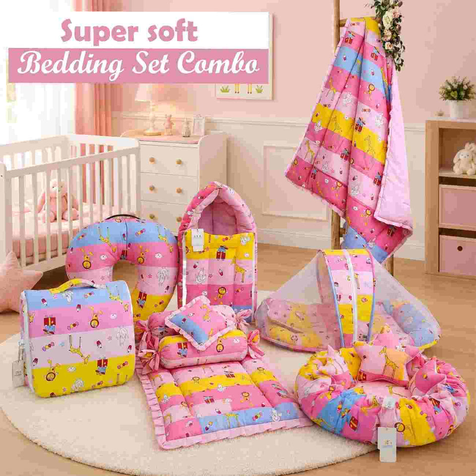 FARETO BABY BEDDING ESSENTIALS 1 NEST | 1 MATTRESS WITH NET | 1 CARRY BED | 1 BOLSTER SET | 1 CARRY BAG | 1 PORTABLE BED | 1 FEEDING PILLOW | 1 BLANKET (0-6M)(Pink Giraffe)(F628)