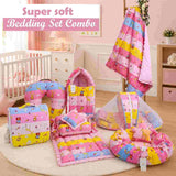 FARETO BABY BEDDING ESSENTIALS 1 NEST | 1 MATTRESS WITH NET | 1 CARRY BED | 1 BOLSTER SET | 1 CARRY BAG | 1 PORTABLE BED | 1 FEEDING PILLOW | 1 BLANKET (0-6M)(Pink Giraffe)(F628)