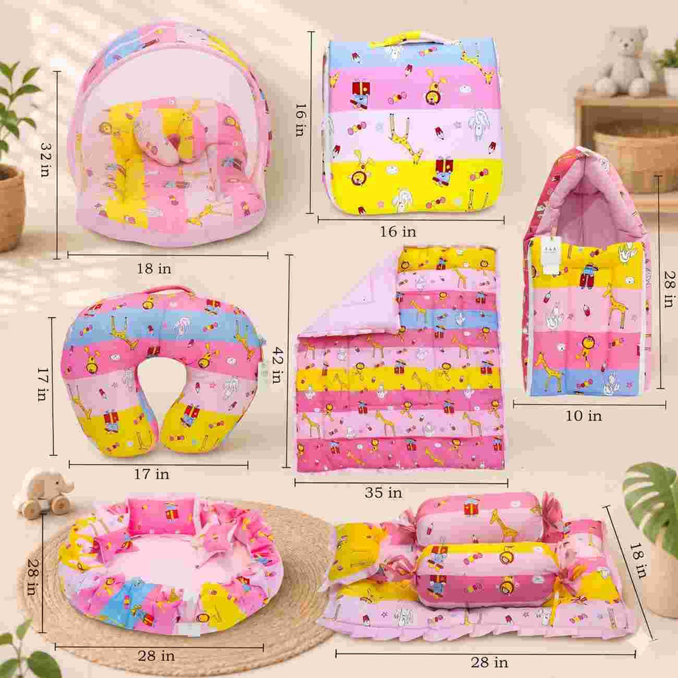 FARETO BABY BEDDING ESSENTIALS 1 NEST | 1 MATTRESS WITH NET | 1 CARRY BED | 1 BOLSTER SET | 1 CARRY BAG | 1 PORTABLE BED | 1 FEEDING PILLOW | 1 BLANKET (0-6M)(Pink Giraffe)(F628)