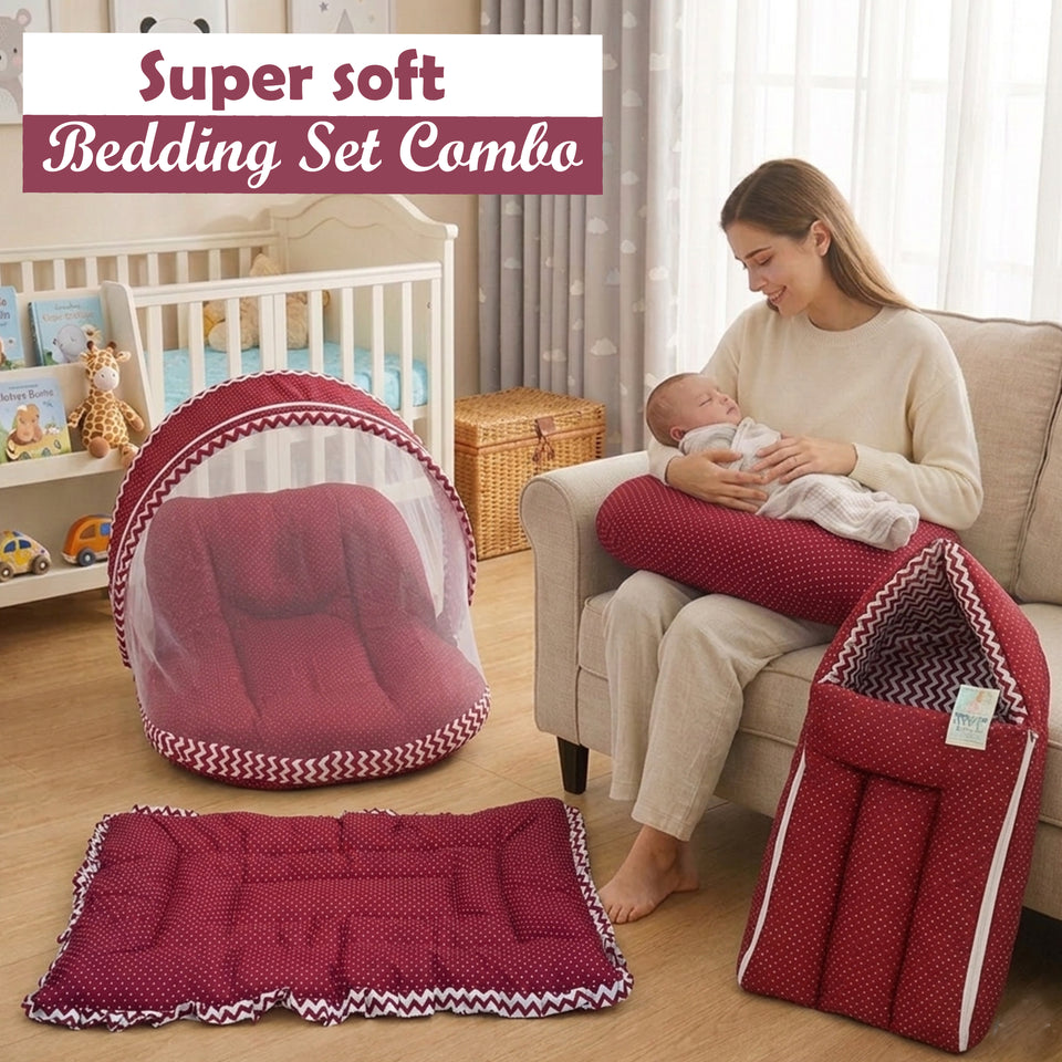 Fareto Baby Bedding Essentials Combo Set – Sleeping Bag, Mattress with  Net, Feeding Pillow & Hand Carry Bed | Soft Cotton | Red Polka | 0–6 Months(F698)
