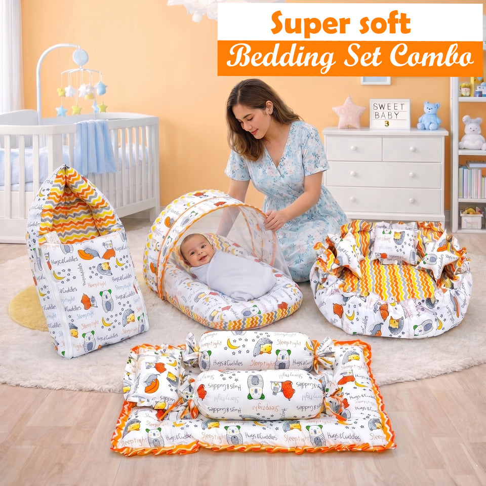 FARETO COMPLETE BEDDING SET ESSENTIALS COMBO FOR BABY (0-6 MONTHS)(GOOD NIGHT ORANGE)(F383)