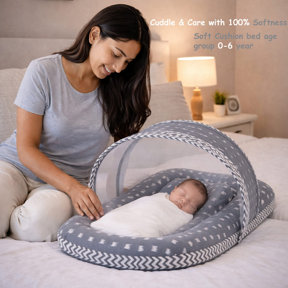 Fareto Baby Bedding Essentials Combo Set – Sleeping Bag, Mattress with  Net, Feeding Pillow & Hand Carry Bed | Soft Cotton |Crown | 0–6 Months(F697)