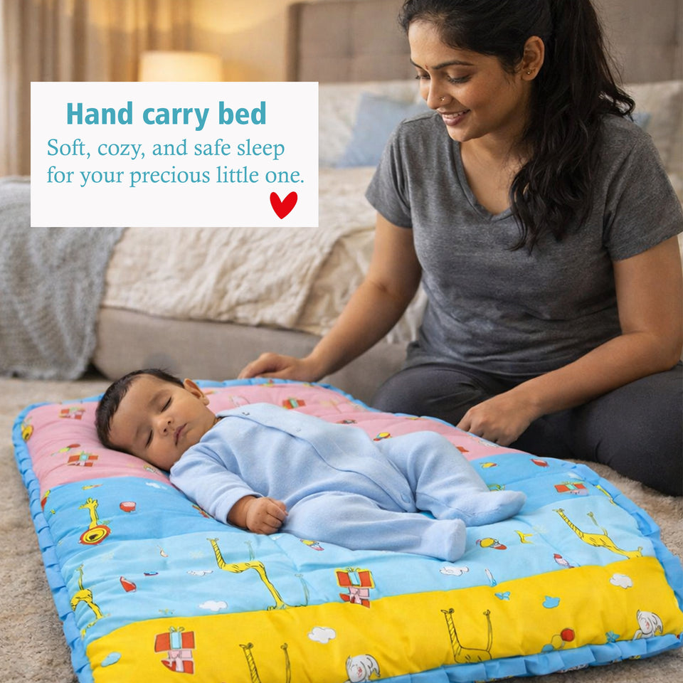 Fareto New Born Baby Premium Quality Mattress with Net | Sleeping Bag | Carry Bed (0-4 Months)(Blue Ziraf)(F296)
