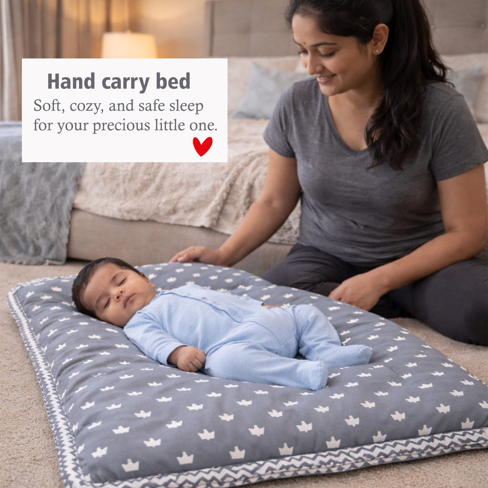 Fareto Baby Bedding Essentials Combo Set – Sleeping Bag, Mattress with  Net, Feeding Pillow & Hand Carry Bed | Soft Cotton |Crown | 0–6 Months(F697)