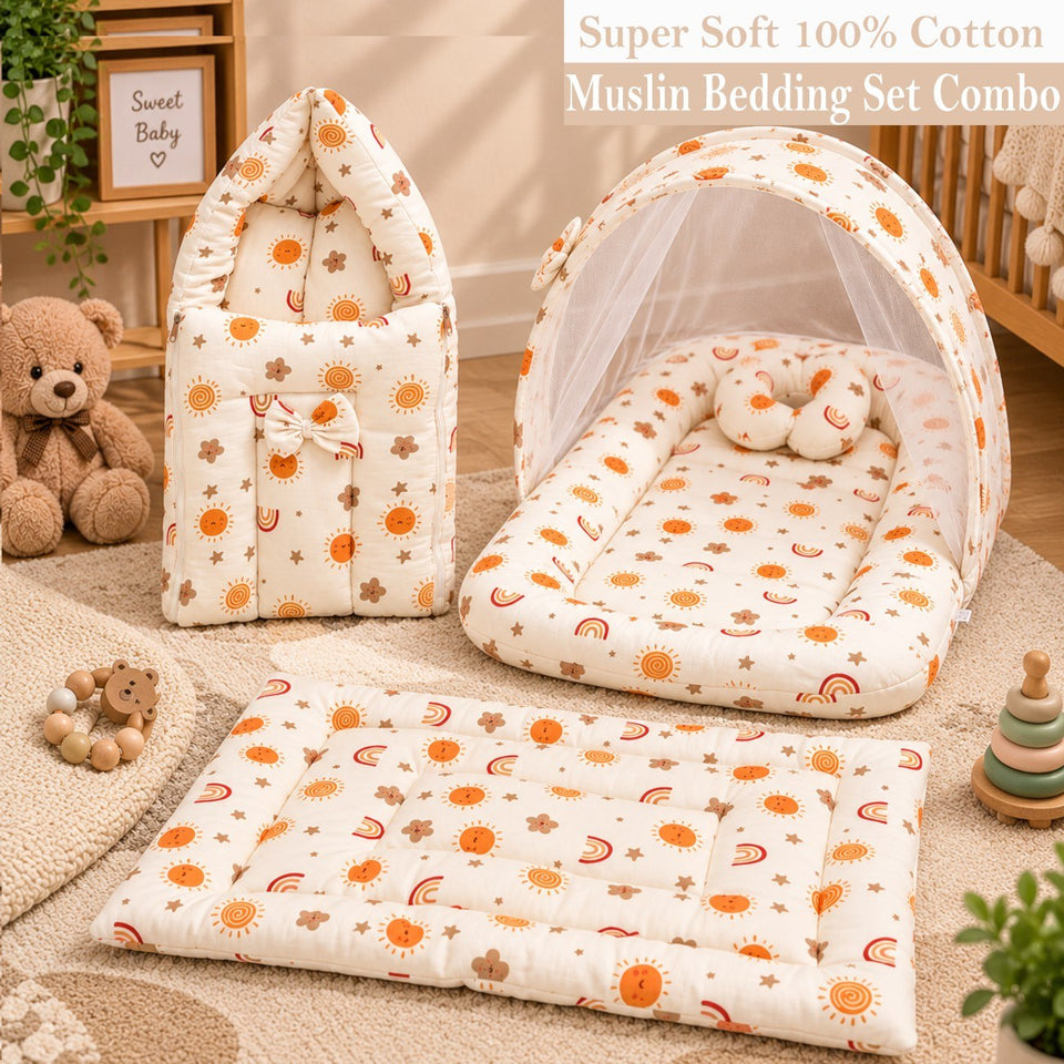 Fareto Newborn Baby 100% Muslin Cotton Sleeping Bag & Mosquito Net &Hand Carry Bed | Safe, Soft & Portable Baby Bed | Baby Bedding Set(0-1 Year)(F800)