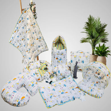 FARETO BABY BEDDING ESSENTIALS 1 NEST | 1 MATTRESS WITH NET | 1 CARRY BED | 1 BOLSTER SET | 1 CARRY BAG | 1 PORTABLE BED | 1 FEEDING PILLOW | 1 BLANKET (0-6M)(GOOD NIGHT BLUE)(F385)
