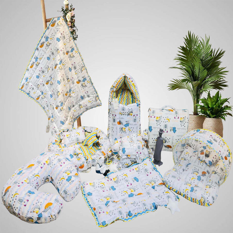 FARETO BABY BEDDING ESSENTIALS 1 NEST | 1 MATTRESS WITH NET | 1 CARRY BED | 1 BOLSTER SET | 1 CARRY BAG | 1 PORTABLE BED | 1 FEEDING PILLOW | 1 BLANKET (0-6M)(GOOD NIGHT BLUE)(F385)