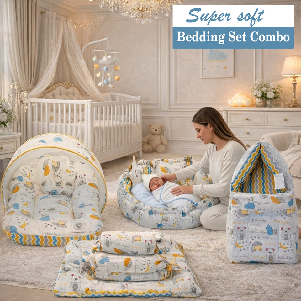 FARETO COMPLETE BEDDING SET ESSENTIALS COMBO FOR BABY (0-6 MONTHS)(GOOD NIGHT BLUE)(F384)