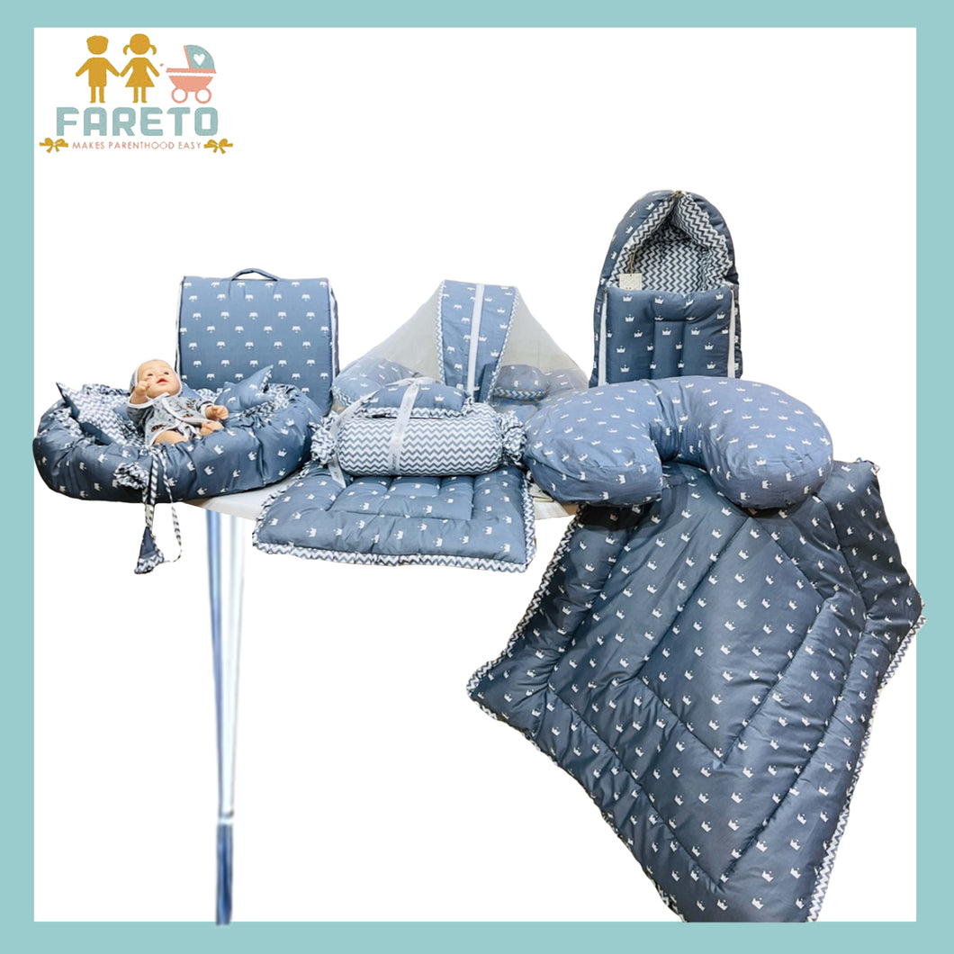 Fareto Baby bedding Essentials 1 Nest | 1 Mattress with net | 1 Carry bed | 1 Bolster set | 1 Carry bag | 1 Portable bed | 1 Feeding pillow | 1 Blanket (0-6M)