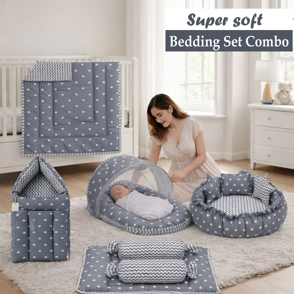Fareto Complete Bedding Set essentials Combo For Baby (0-6 Months)(Crown Grey)(F308)