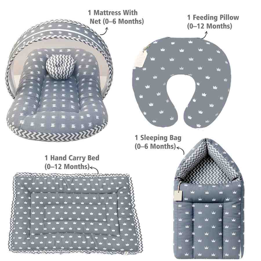 Fareto Baby Bedding Essentials Combo Set – Sleeping Bag, Mattress with  Net, Feeding Pillow & Hand Carry Bed | Soft Cotton |Crown | 0–6 Months(F697)